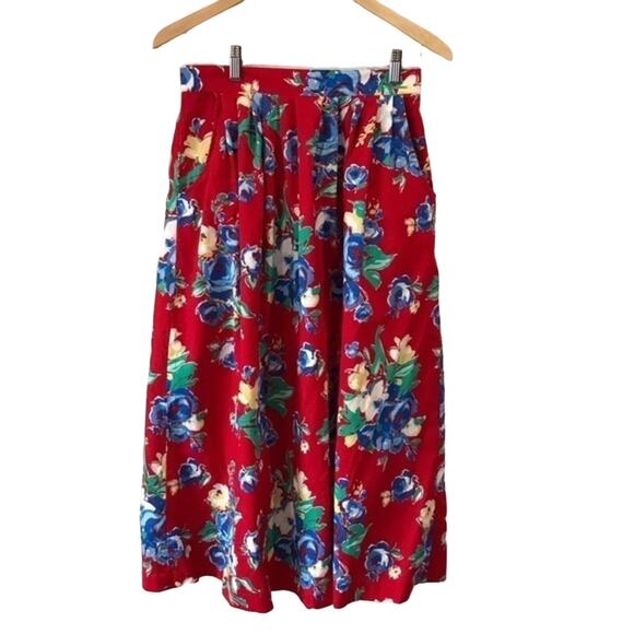 Vintage Floral Fit Flair MIDI Skirt Sz 12 Pockets Red White Blue 90s Spring - Picture 1 of 10